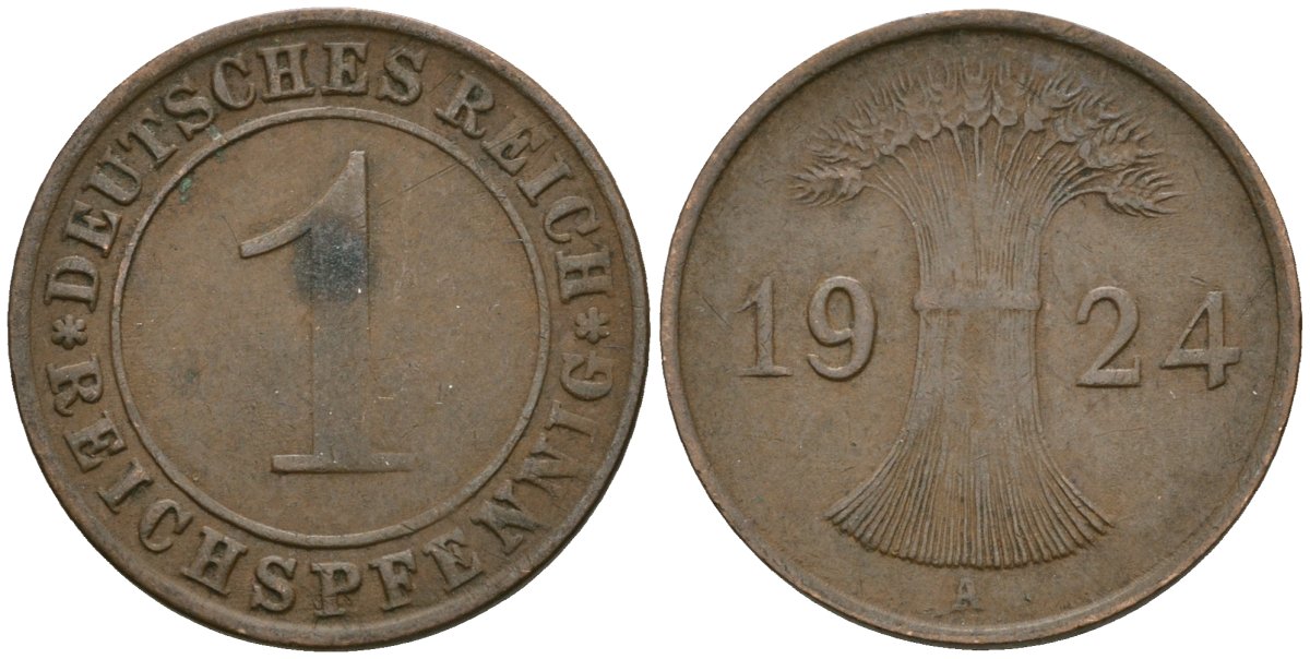 Германия 1 рейхспфенниг 1924 A KM 37, J. 313 бронза 4189-1063