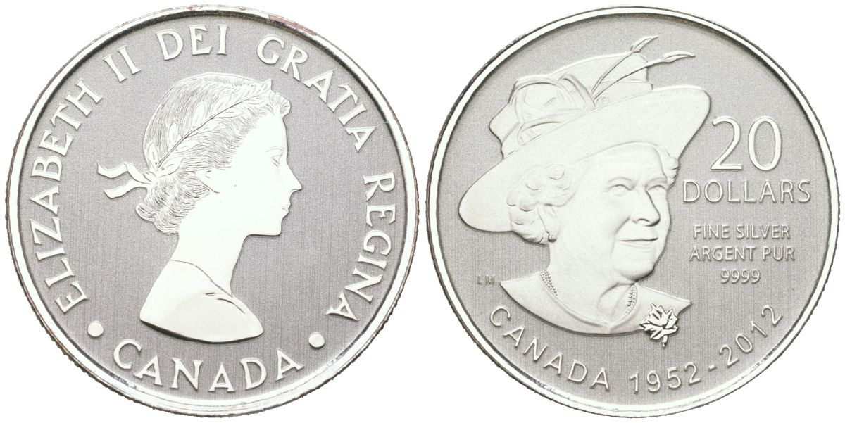 Канада 20 долларов 2012 60 лет правления Королевы Елизаветы II, в шляпе, Елизавета II (1952-2022) KM 1239 серебро PROOF 11-164-32