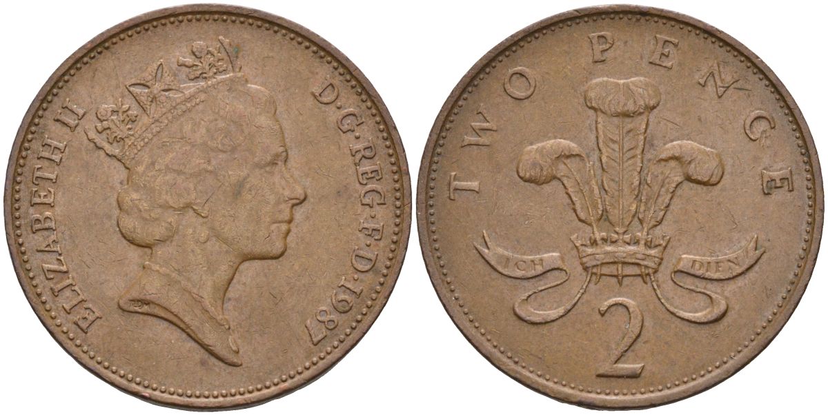 Великобритания 2 пенса 1987 Елизавета II (1952-2022) KM 936, Spink 4376 (C3) бронза 4116-743