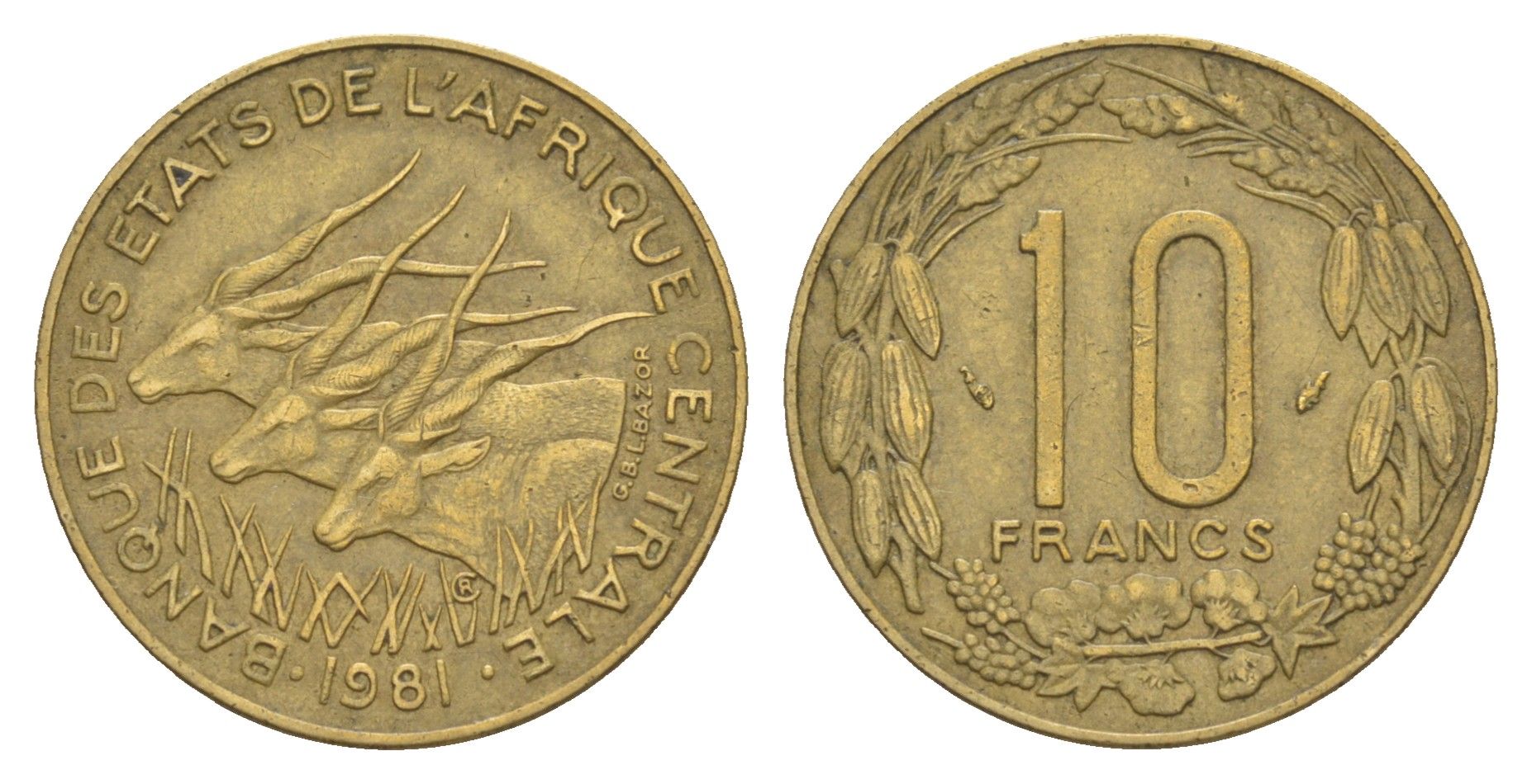 Центральная Африка (BEAC) 10 франков 1981 KM 9 медь алюминий никель 4650-313