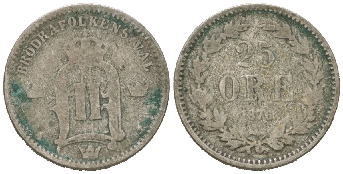 Швеция 25 эре 1876 ST, Оскар II (1872-1907) KM 738 серебро 4611-369