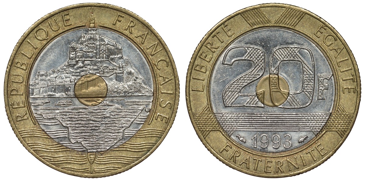 Франция 20 франков 1993 Мон-Сен-Мишель KM 1008.2, Le Franc 403.7 триметалл 4123-716