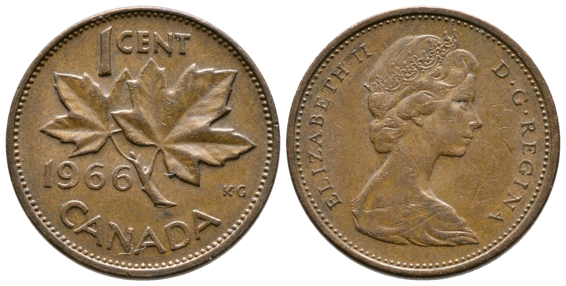 Канада 1 цент 1966 Елизавета II (1952-2022), кленовый лист KM 59.1 бронза 46-1411