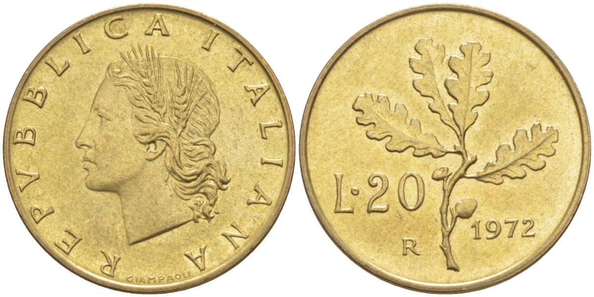 Италия 20 лир 1972 R, дубовый лист KM 97.1 алюминиевая бронза 4523-151