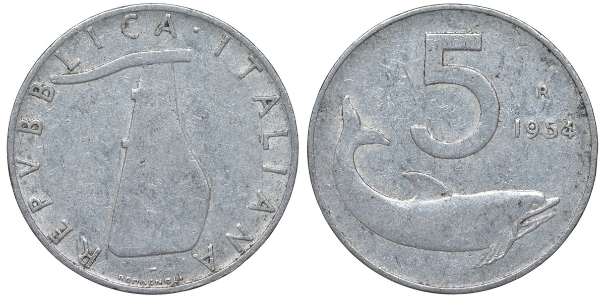 Италия 5 лир 1954 R, дельфин KM 92 алюминий 4164-425