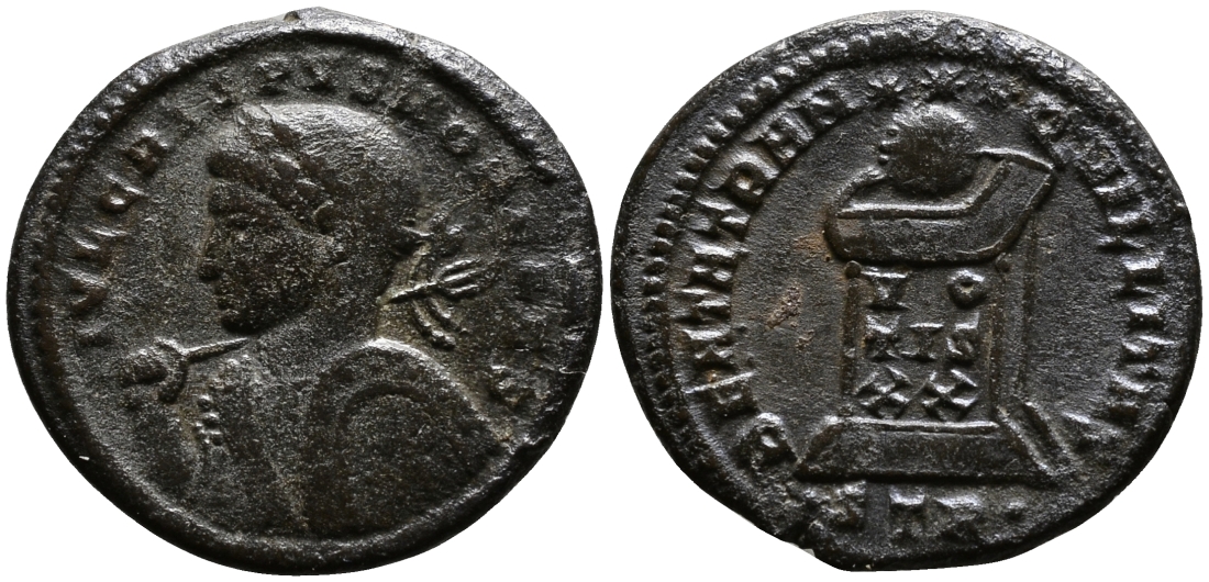 Римская Империя нуммий 322 - 323 Крисп в ранге цезаря BEATA TRANQVILLITAS Августа Треверов Good Very fine (степень редкости С3) RIC 372 бронза 00-000-00