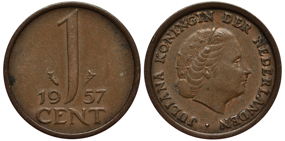 Нидерланды 1 цент 1957 Юлиана (1949-1980) KM 180 бронза VG 4181-226
