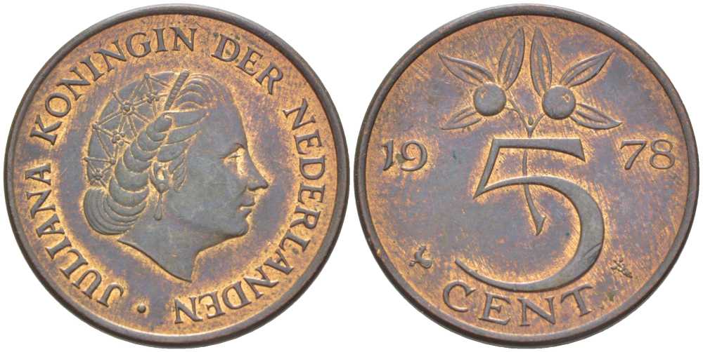 НИДЕРЛАНДЫ 5 ЦЕНТОВ 1978 ЮЛИАНА (1948-1980) KM 181 бронза 213-1146