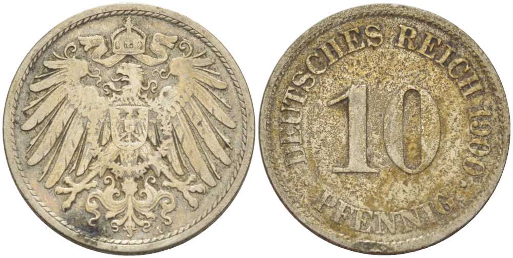 Германия 10 пфеннигов 1900 A KM 12, J. 13, Weege 8 медно-никель 261-1353