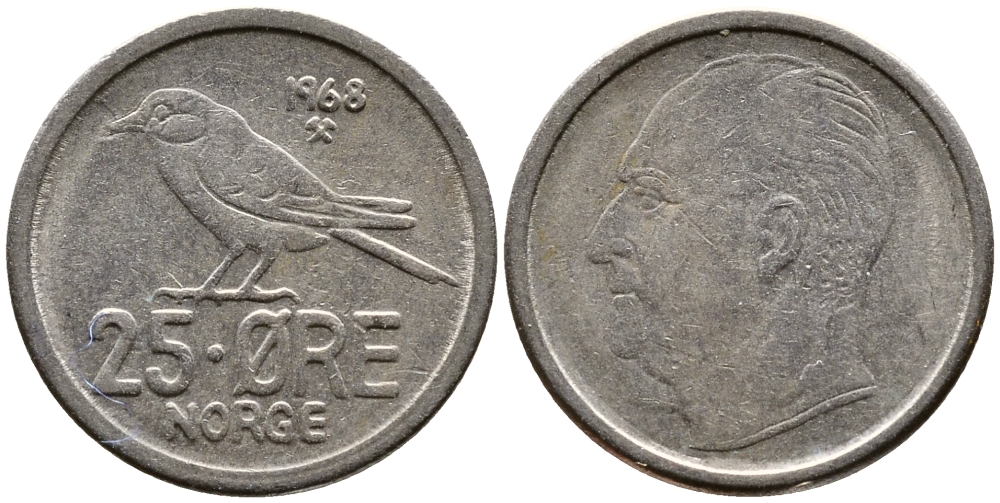 Норвегия 25 эре 1968 Улаф V (1958-1991), синица KM 407 медно-никель 29-1139