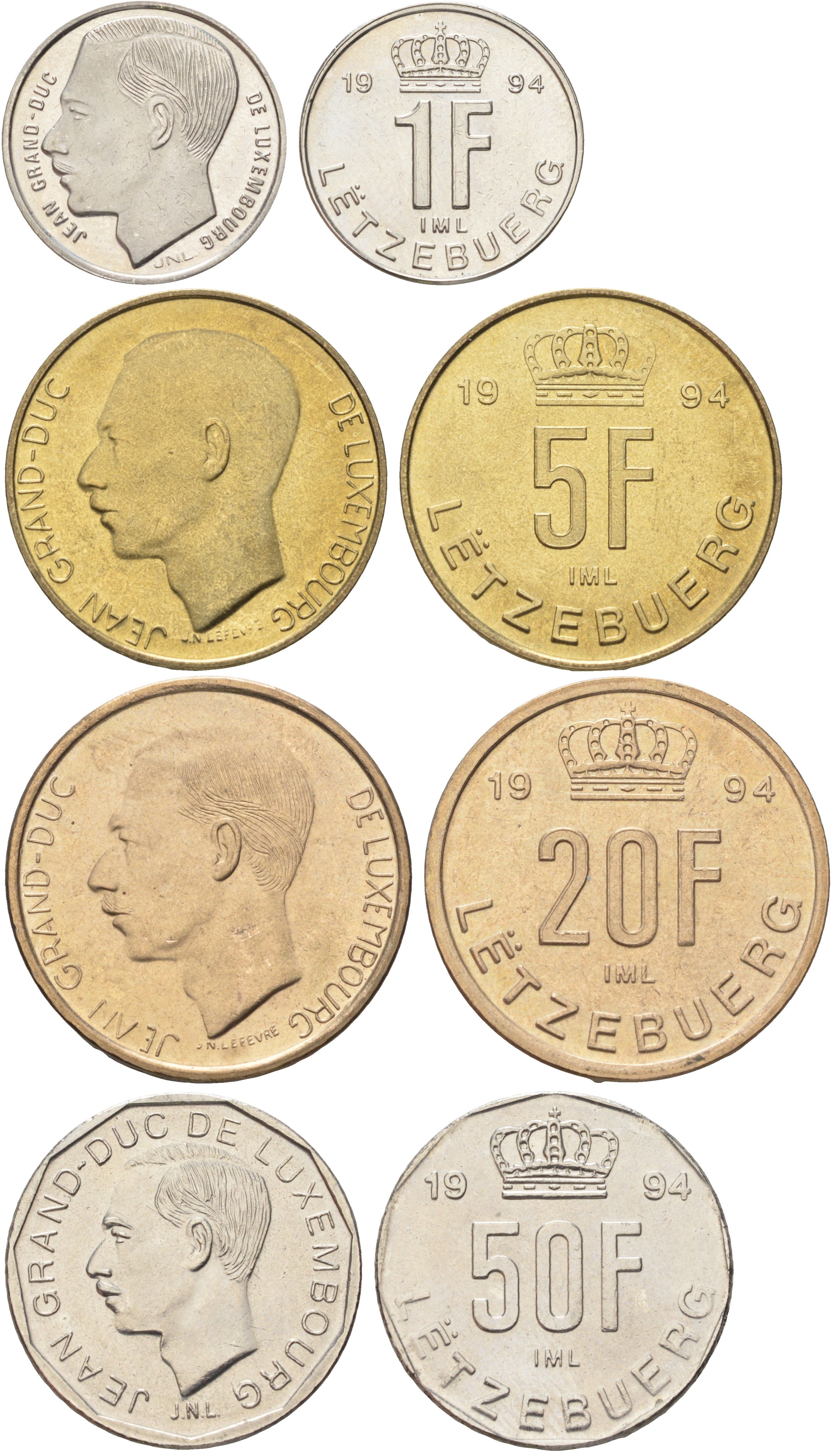 Люксембург набор из 4 монет (1, 5, 20 и 50 франков) 1994 Великий герцог Жан (1964-2000), тираж 10.000 экземпляров KM 63, 65, 66 и 67 BU 4127-1711-1714