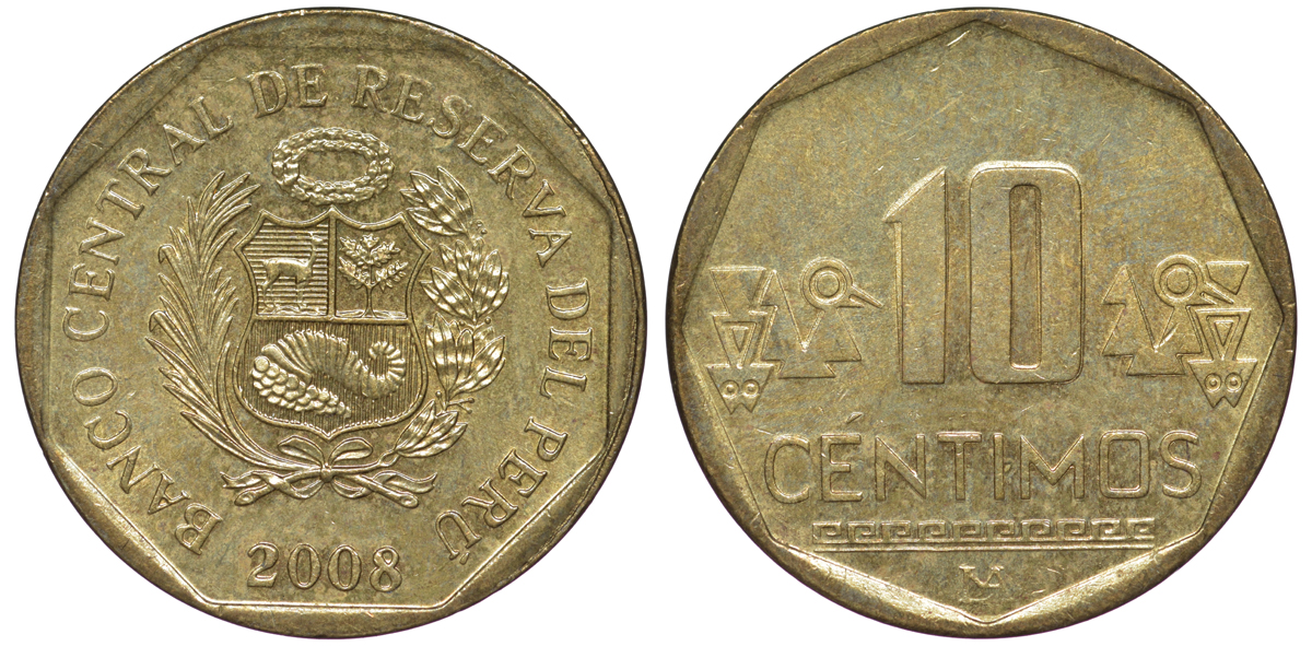 Перу 10 сентимо 2008 KM 305.4 латунь aUNC 4605-547