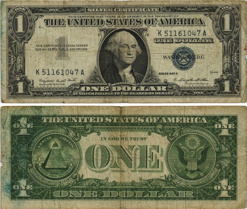 США 1 ДОЛЛАР 1957 А, ВАШИНГТОН, СИНЯЯ ПЕЧАТЬ K-A Pick 419а бумага 8605-13-1-1