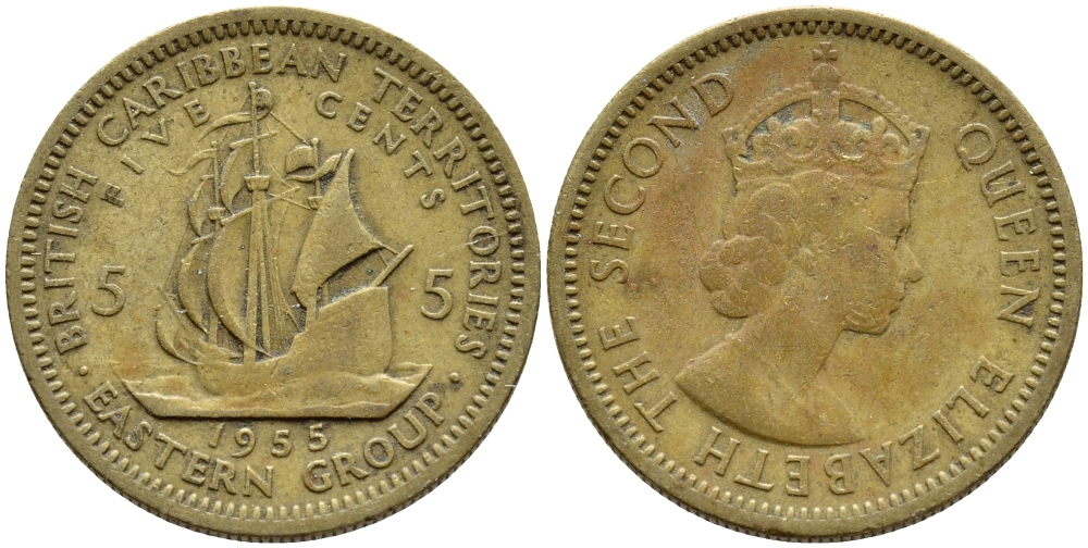 Британские Восточно-Карибские территории 5 центов 1955 Елизавета II (1952-2022), парусник KM 4 никель латунь 89-1135
