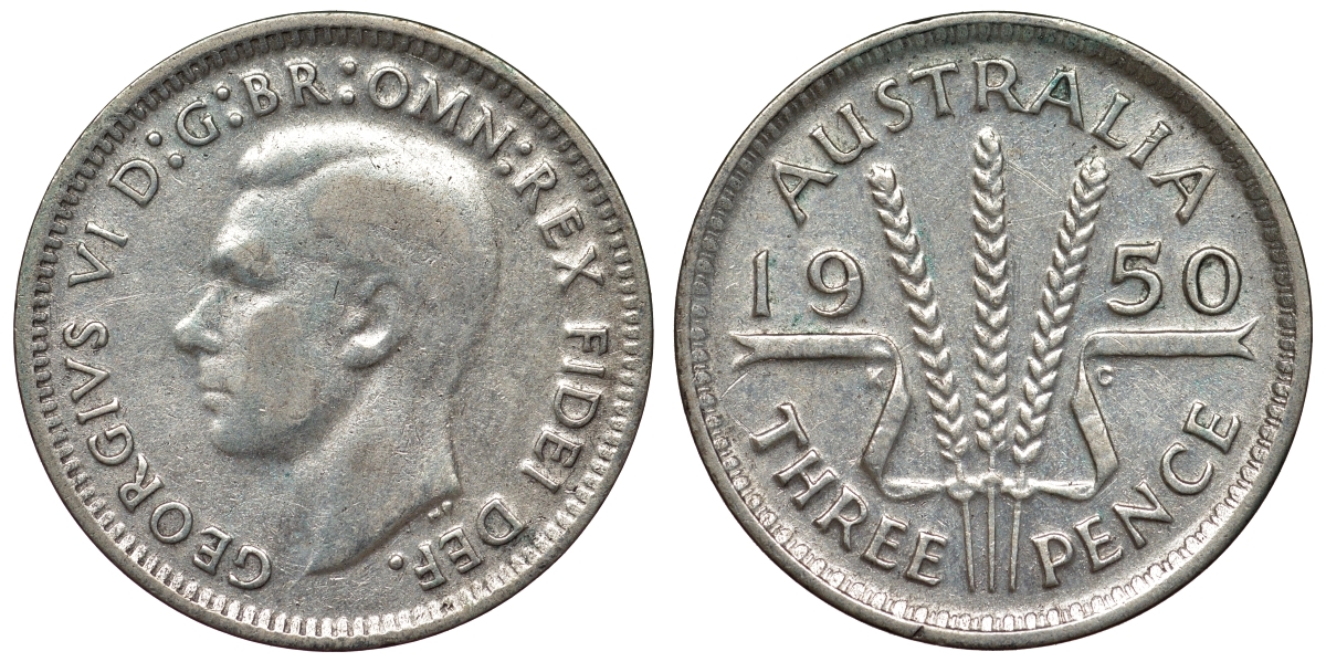 Австралия 3 пенса 1950 m, Георг VI (1937-1952), без букв KM 44 серебро 71-251