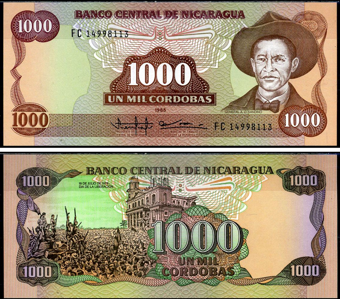 Никарагуа 1000 кордоба 1985 (1988) серия FC, Генерал Аугусто Сесар Сандино Pick 156b бумага UNC (пресс) 6283-32-3-2