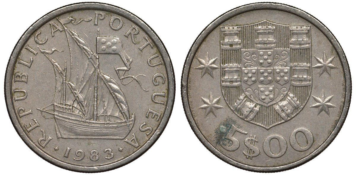 Португалия 5 эскудо 1983 парусник KM 591 медно-никель 4122-345