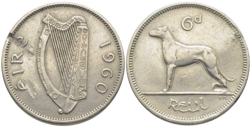 ИРЛАНДИЯ 6 ПЕНСОВ 1960 ИРЛАНДСКИЙ ВОЛКОДАВ KM 13а медно-никель 113-344