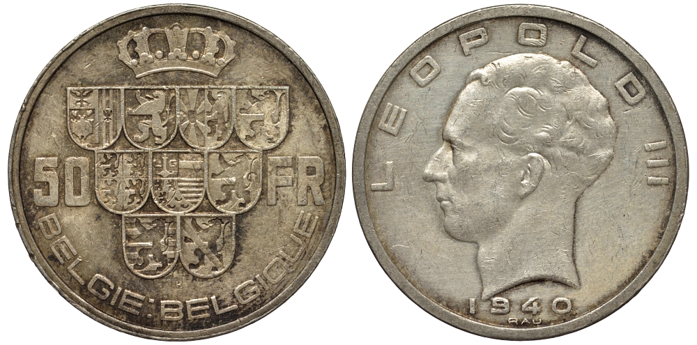 Бельгия 50 франков 1940 ЛЕОПОЛЬД III, BELGIE-BELGIQUE KM 122.1 серебро 443-812