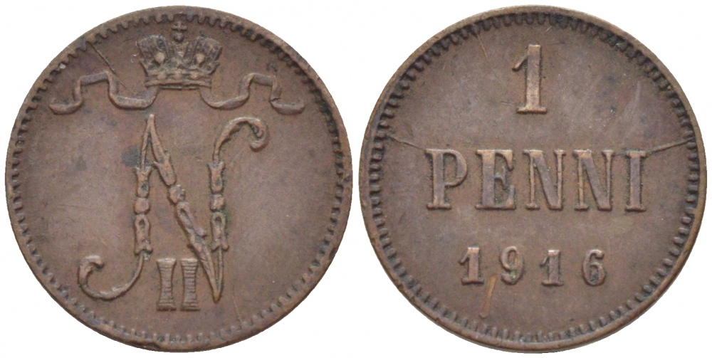 РОССИЯ ДЛЯ ФИНЛЯНДИИ 1 ПЕННИ 1916 НИКОЛАЙ II (1895-1917) KM 13, Биткин 476 медь 211-1113