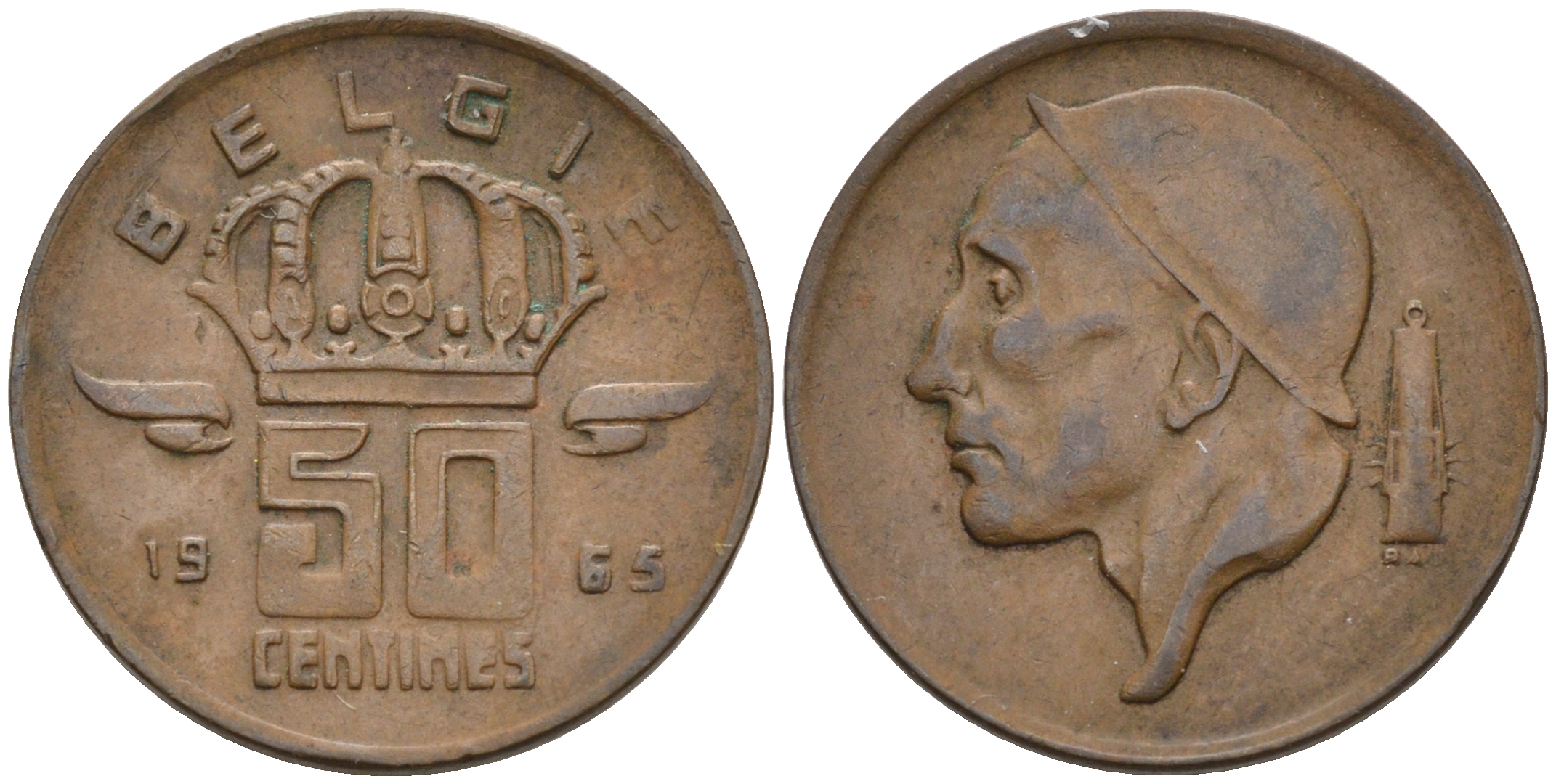 БЕЛЬГИЯ 50 САНТИМОВ 1965 BELGIE KM 149.1 бронза 4564-154