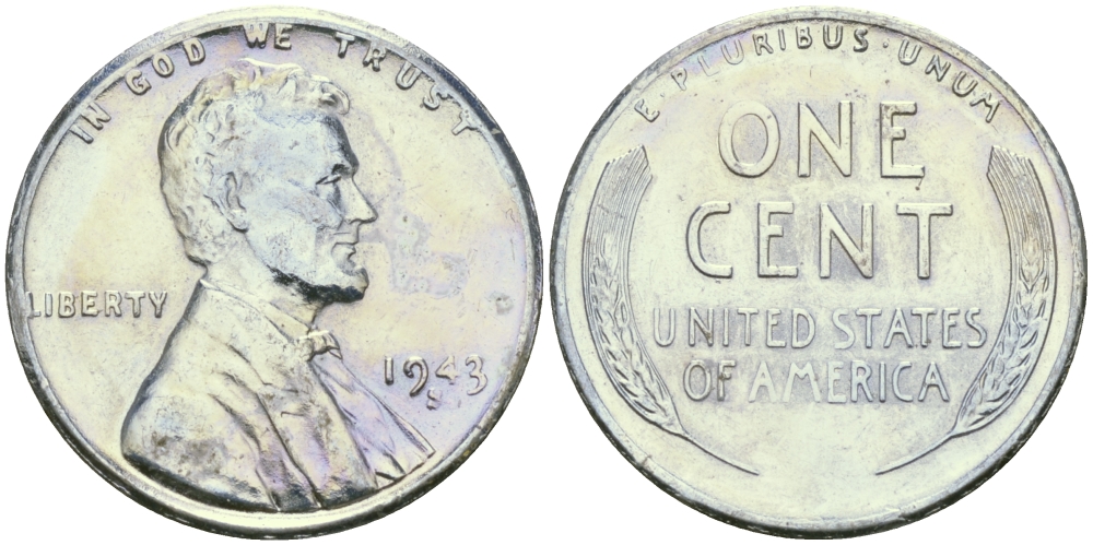 США 1 цент 1943 S (Сан-Франциско), Авраам Линкольн KM 132 a сталь плакированная цинком 96-1218
