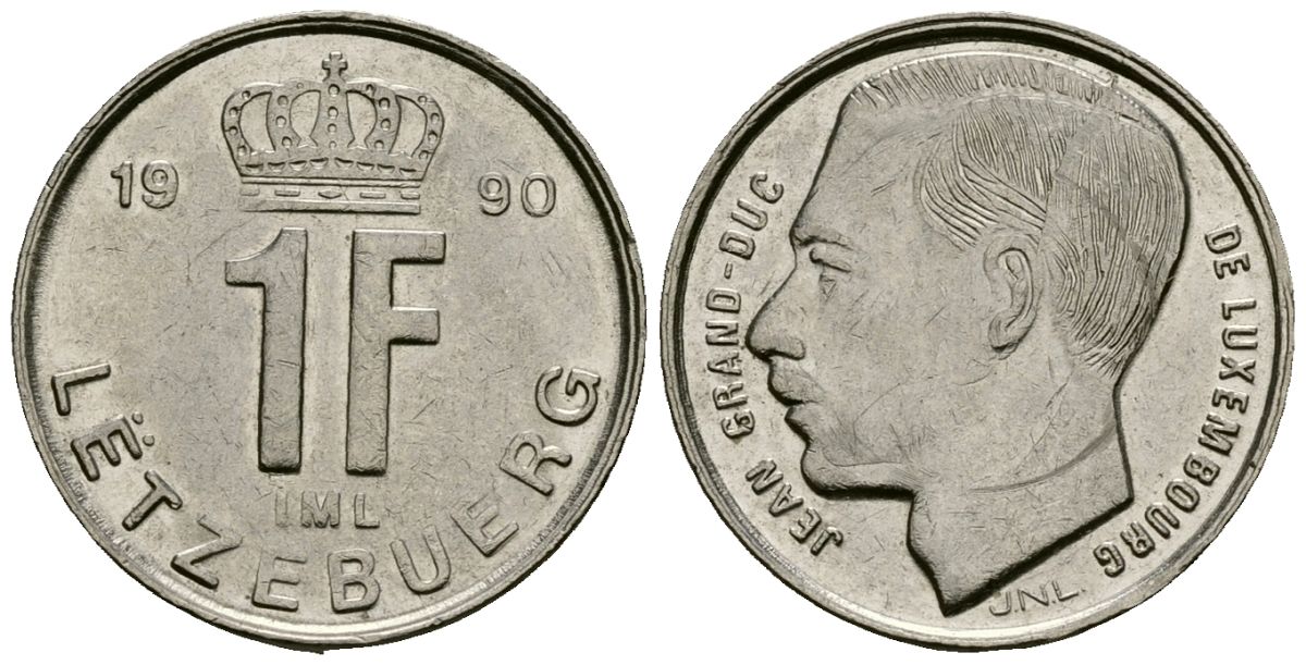 Люксембург 1 франк 1990 Герцог Жан (1964-1999) KM 63 сталь плакированная никелем 4173-1041