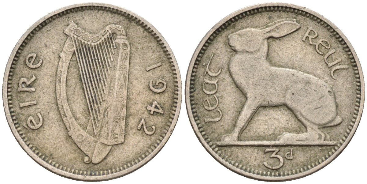 Ирландия 3 пенса 1950 заяц KM 12a медно-никель 4174-315