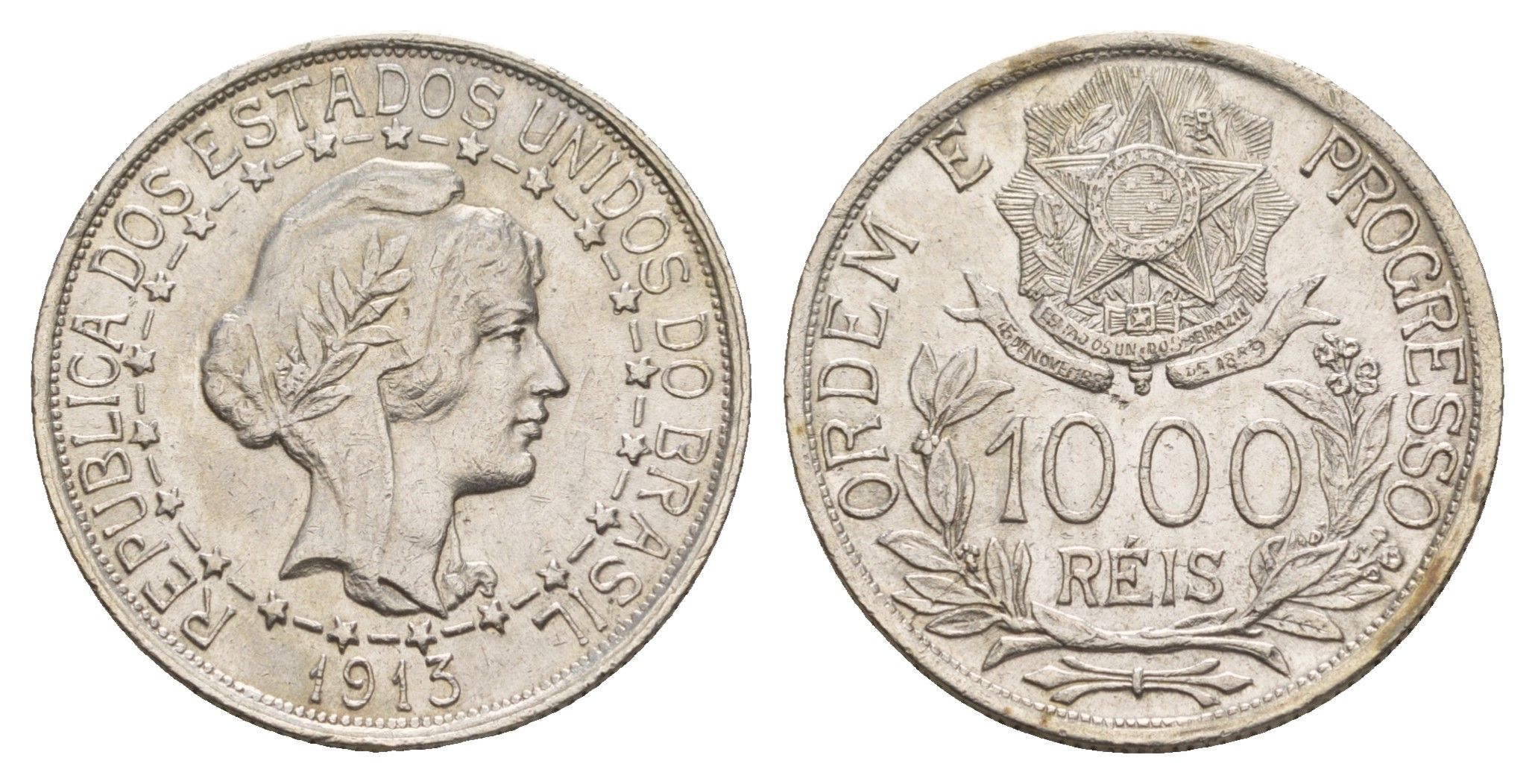 Бразилия 1000 реалов (рейсов) 1913 год-тип KM 510 серебро 1519-1533