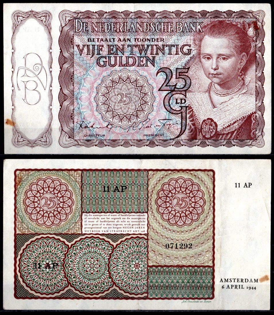 Нидерланды 25 гульденов 1944 "Молодая женщина" (Паулюс Морельс) Pick 60 бумага 451-1136-2