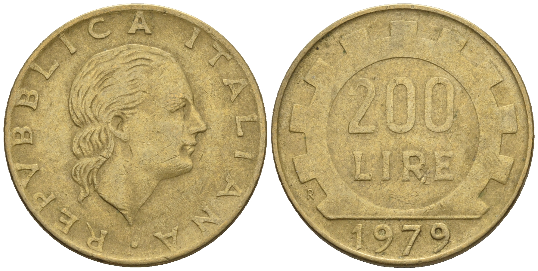 Италия 200 лир 1979 R, шестерня KM 105 алюминиевая бронза 85-447