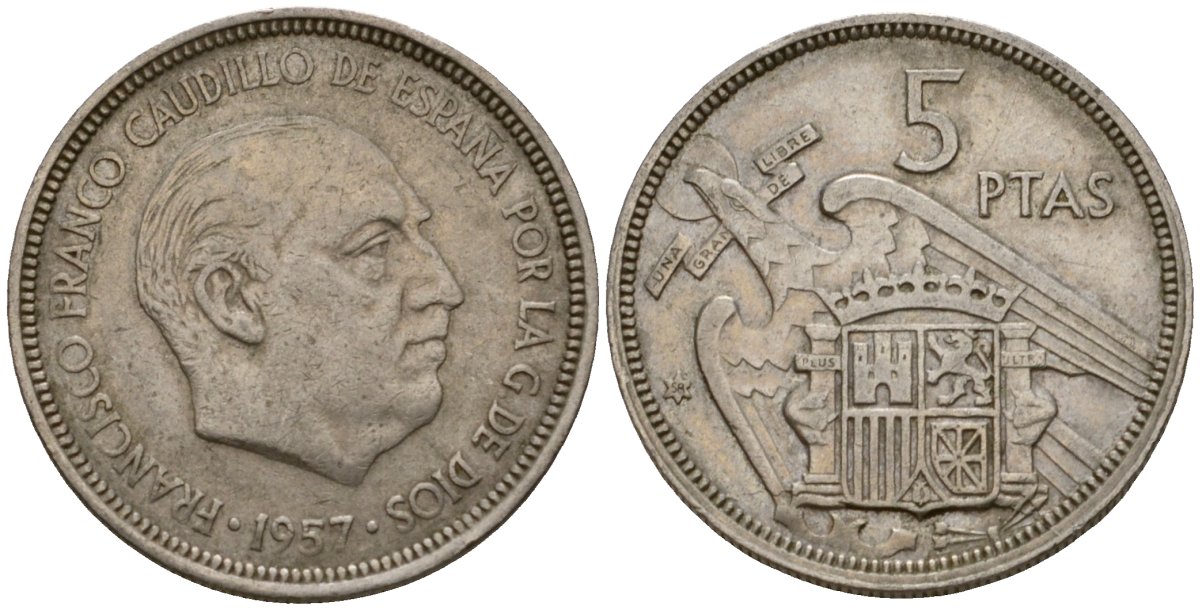 Испания 5 песет 1957 (59) Франсиско Франко (1939-1975) KM 786 медно-никель 186-427