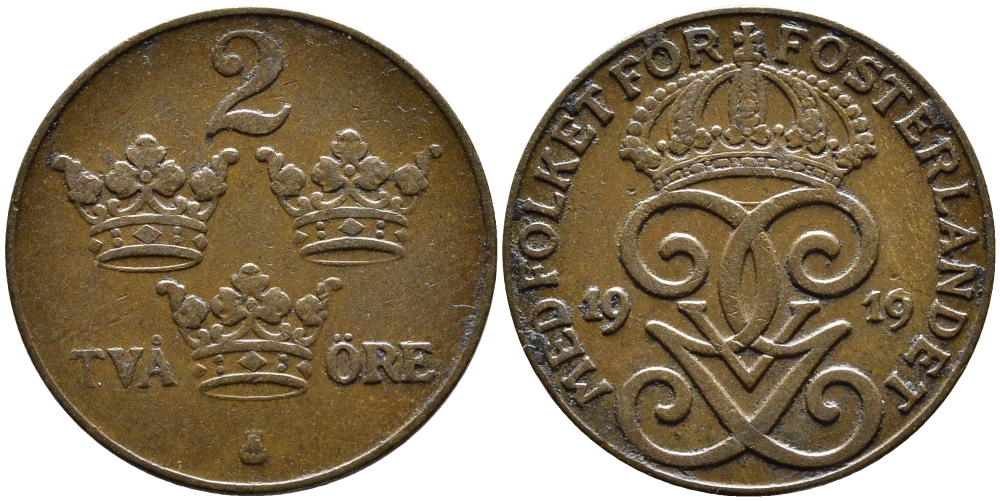 Швеция 2 эре 1919 Густав V (1907-1950) KM 778 бронза 80-457