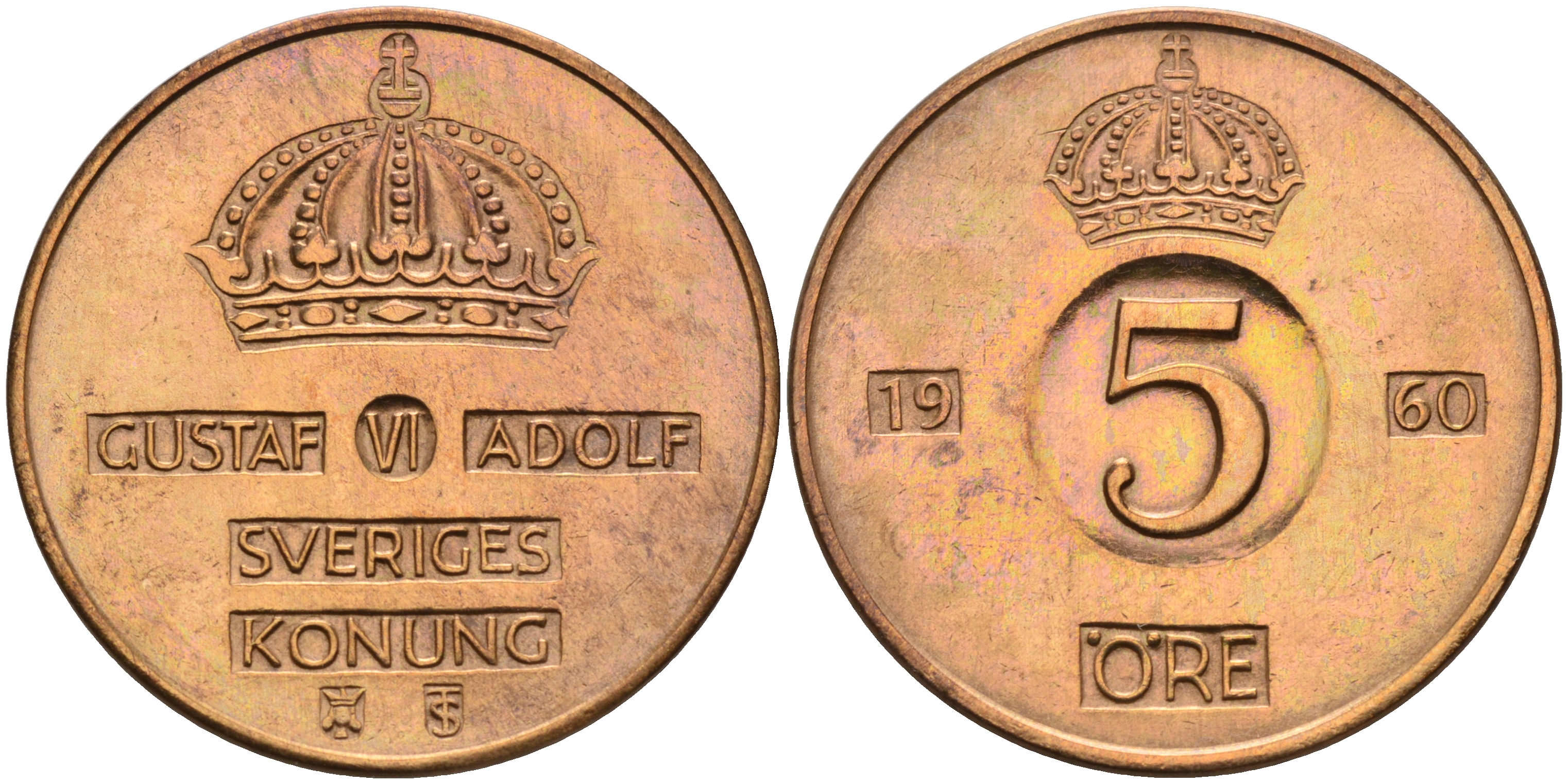 Швеция 5 эре 1960 ТS Густав VI Адольф (1950-1973) KM 822 бронза 4595-1037