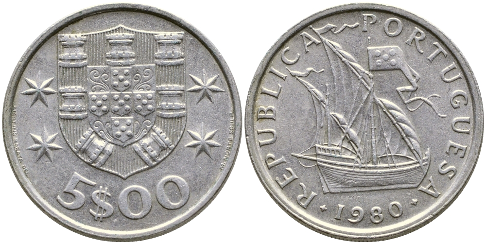 ПОРТУГАЛИЯ 5 ЭСКУДО 1980 ПАРУСНИК KM 591 медно-никель 4388-517