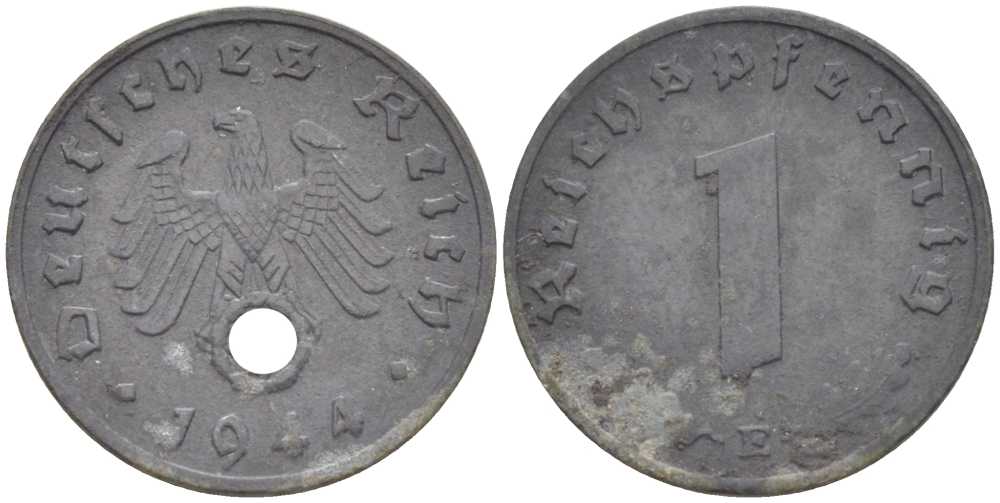 ГЕРМАНИЯ 1 РЕЙХСПФЕННИНГ 1944 E KM 97, J.369 цинк 201-969
