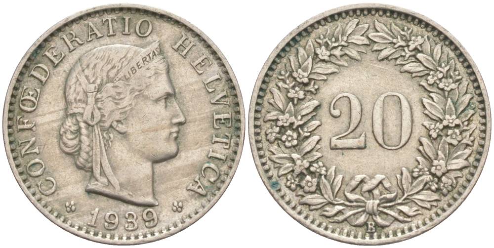 ШВЕЙЦАРИЯ 20 РАППЕНОВ 1939 В KM 29a медно-никель 55-651