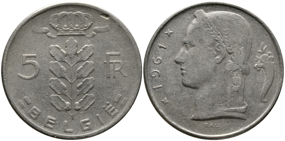 БЕЛЬГИЯ 5 ФРАНКОВ 1961 BELGIE KM 135.1 медно-никель 98-537