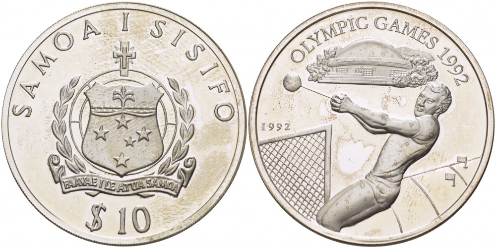 Самоа 10 тала 1992 XXV Олимпийские игры в Барселоне 1992 года, метание молота KM 86 серебро PROOF 04-136-22