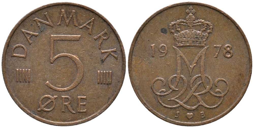 ДАНИЯ 5 ЭРЕ 1978 S; B, МАРГРЕТЕ II (1972-) KM 859.1 железо плакированное медью 116-157