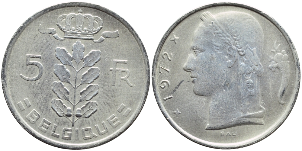Бельгия 5 франков 1972 Belgique, Бодуэн I (1951-1993) KM 134.1 медно-никель 4381-215