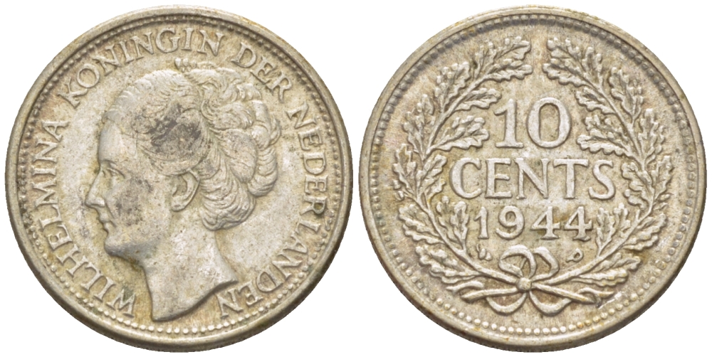 Нидерланды 10 центов 1944 Вильгельмина (1890-1948) KM 163 серебро aUNC 4392-1266