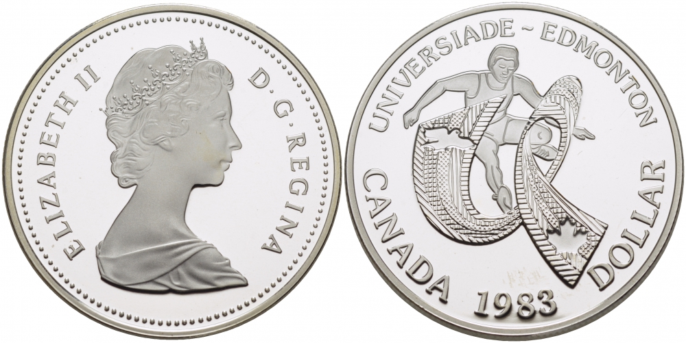 Канада 1 доллар 1983 XII летняя Универсиада в Эдмонтоне KM 138 серебро PROOF 1087-6-21