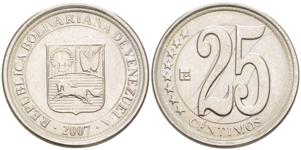 ВЕНЕСУЭЛА 25 СЕНТИМО 2007 KM 91 сталь плакированная никелем 217-746