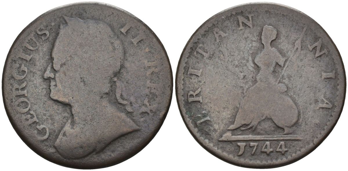 Великобритания 1 фартинг 1744 Георг II (1727-1760) KM 581.1, Spink 3721 медь 4126-657