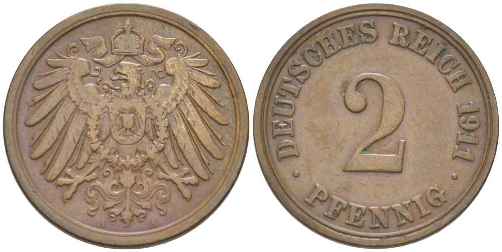 ГЕРМАНИЯ 2 ПФЕННИГА 1911 A KM 16, J. 11, Weege 4 медь 206-569