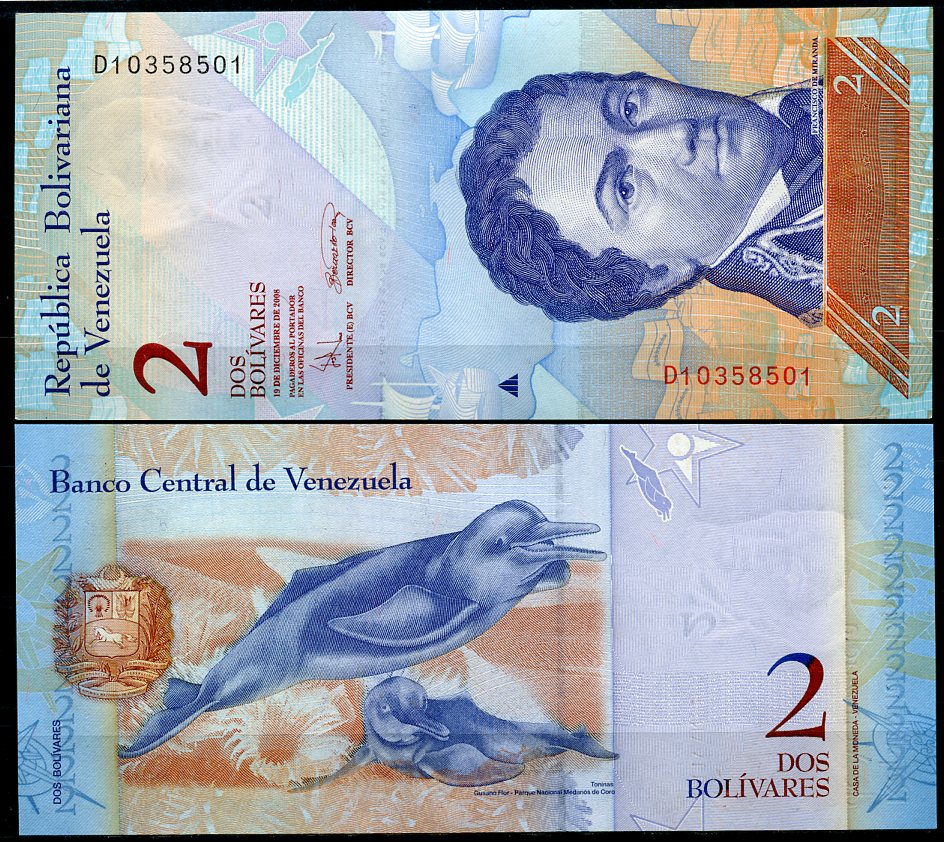 Венесуэла 2 боливара 2008 19 декабря 2008, Франсиско де Миранда, речной дельфин Pick 88 c  бумага  UNC (пресс) 449-94-1