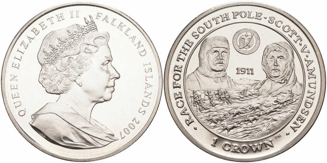 Фолклендские острова 1 крона 2007 экспедиции к Южному полюсу Скотта и Амундсена, 1911 KM 158 медно-никель UNC 74-224