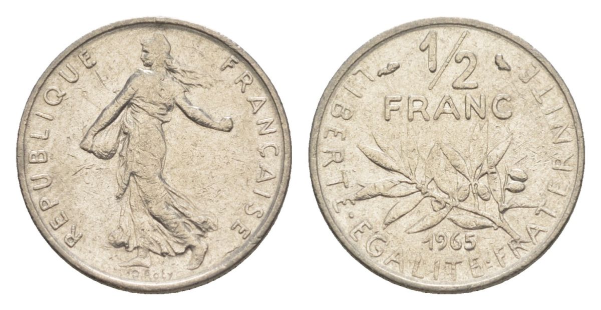 Франция 1/2 франка 1965 сеятель KM 931.1, Le Franc 198.3 никель 4630-416