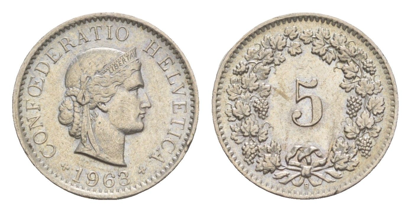 Швейцария 5 раппенов 1963 B KM 26 медно-никель 4643-339